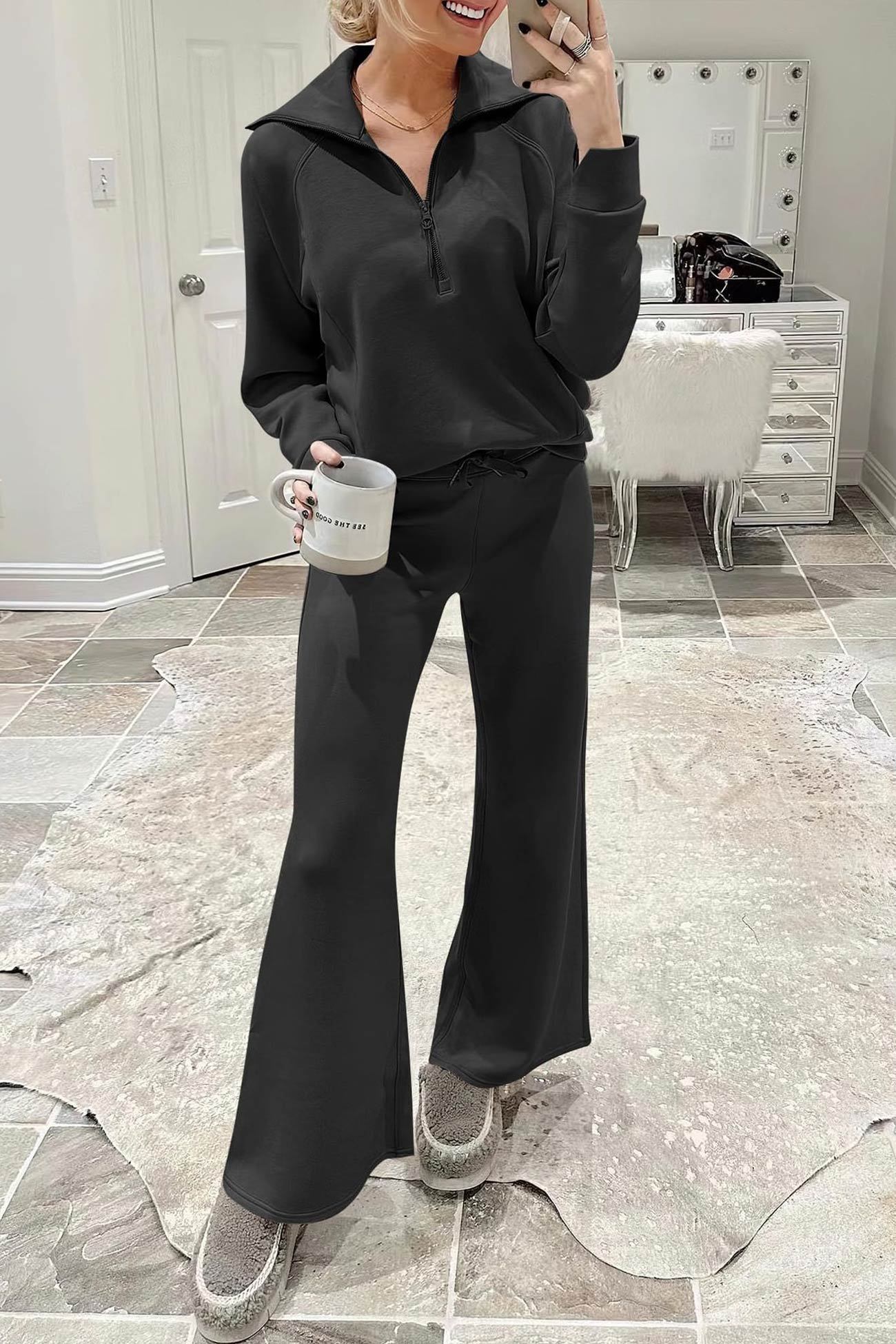 Lapel Zip-up Sweatshirt Wide Leg Sweatpants Set