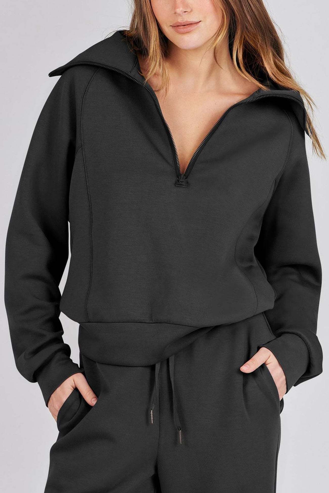 Lapel Zip-up Sweatshirt Wide Leg Sweatpants Set