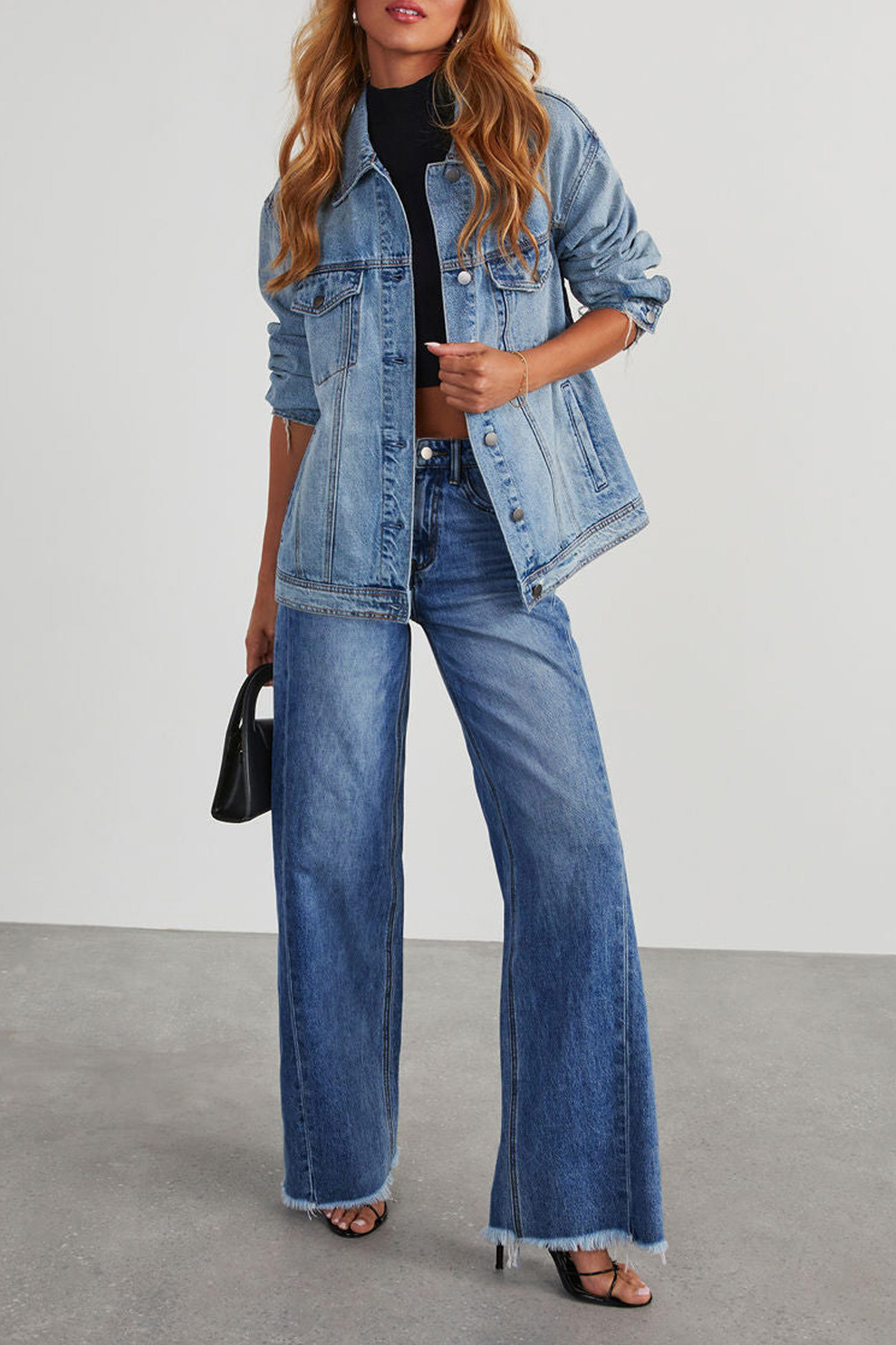 Long Sleeve Denim Jacket Wide Leg Jeans Set