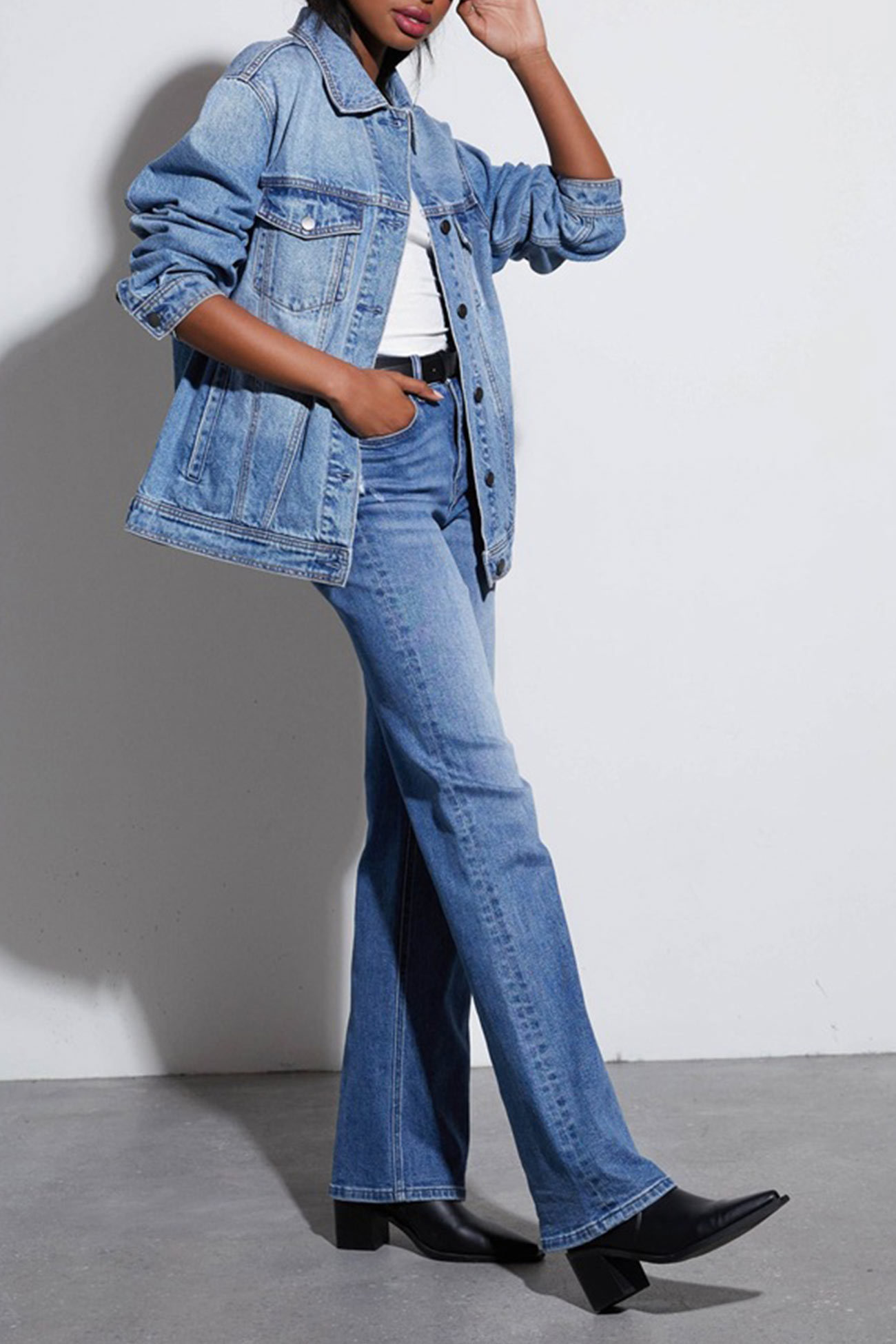 Long Sleeve Denim Jacket Wide Leg Jeans Set
