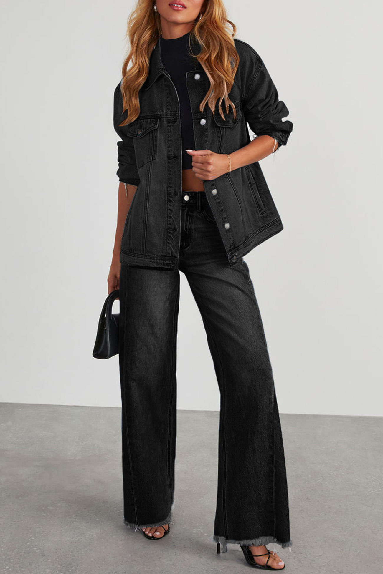 Long Sleeve Denim Jacket Wide Leg Jeans Set