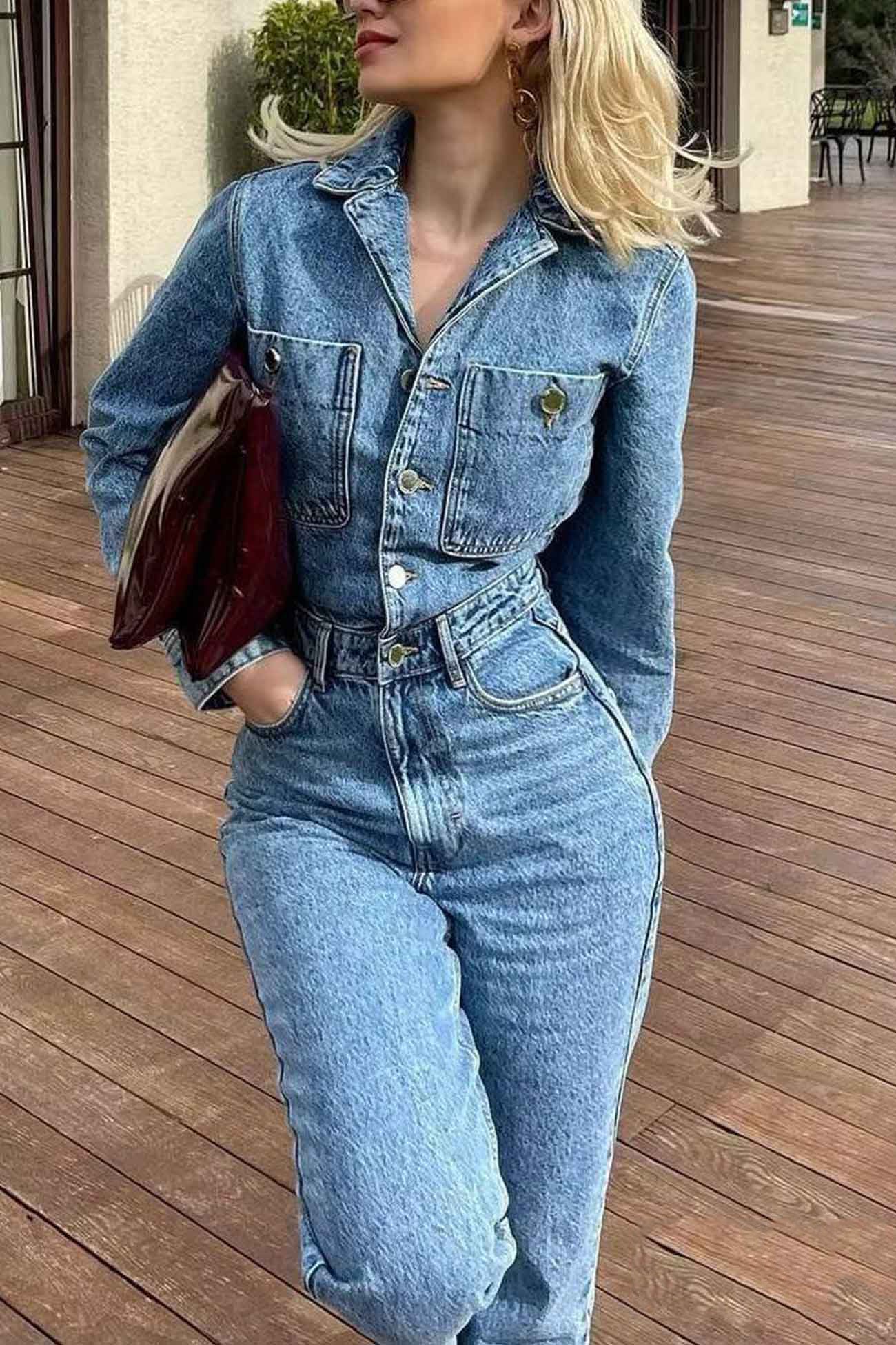 Long Sleeve Pocketed High Waist Denim Jumpsuits arolora