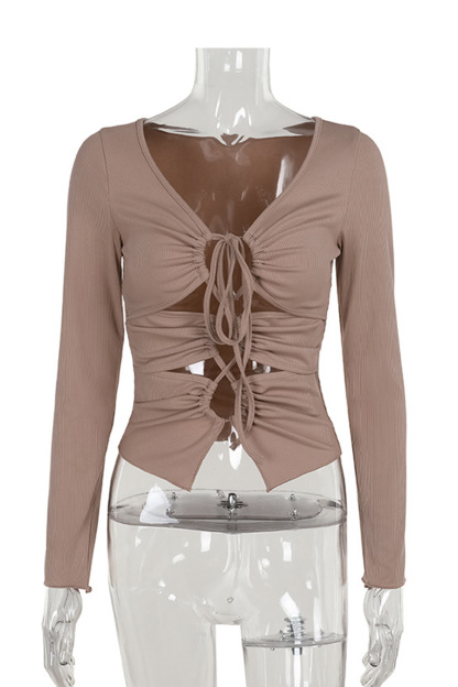 Long Sleeve Tie-up Cutout Bodycon Tops