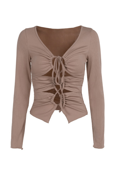 Long Sleeve Tie-up Cutout Bodycon Tops