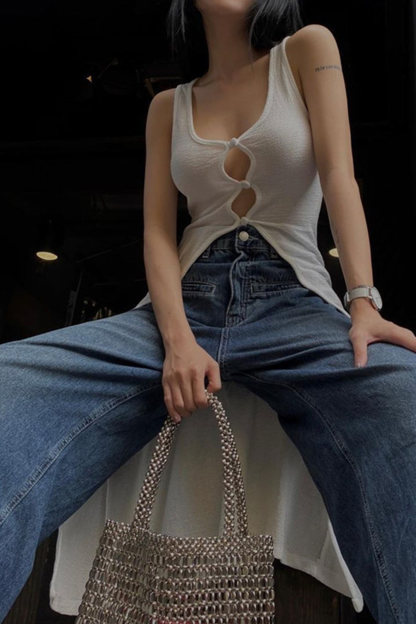 Low Cut Button-down Sleeveless Long Cardigan