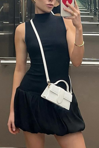 Mock Neck Cowl Back Knit Patchwork Ballon Dress