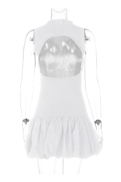 Mock Neck Cowl Back Knit Patchwork Ballon Dress