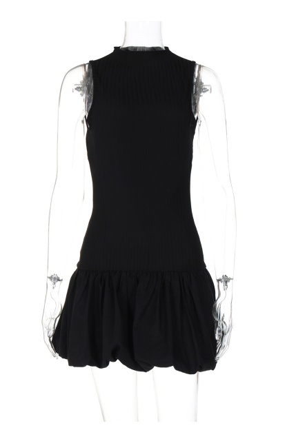 Mock Neck Cowl Back Knit Patchwork Ballon Dress