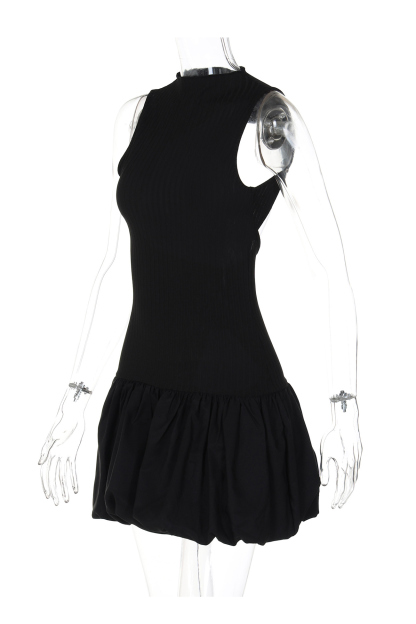 Mock Neck Cowl Back Knit Patchwork Ballon Dress