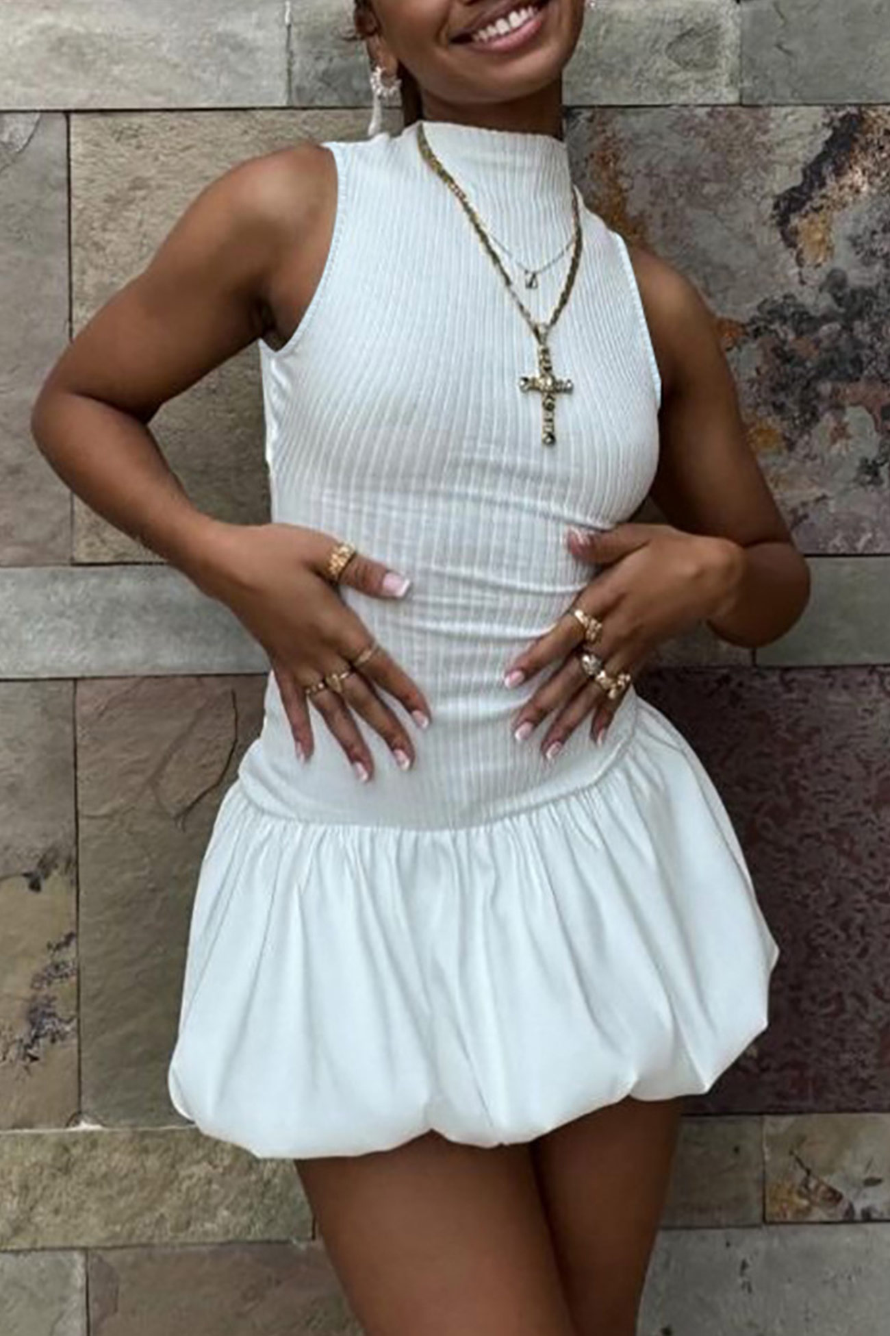 Mock Neck Cowl Back Knit Patchwork Ballon Dress