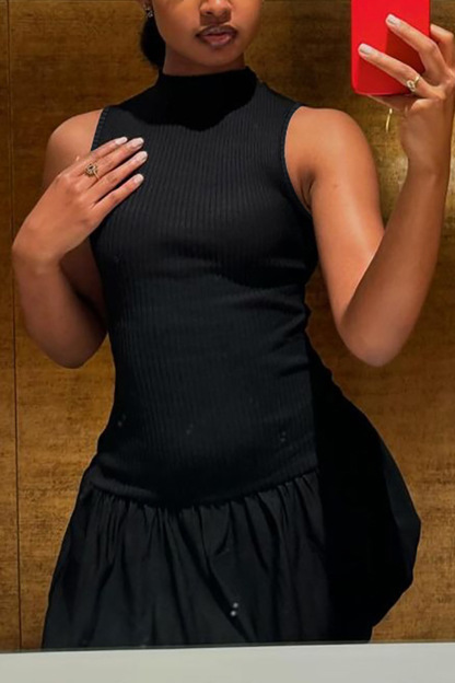 Mock Neck Cowl Back Knit Patchwork Ballon Dress