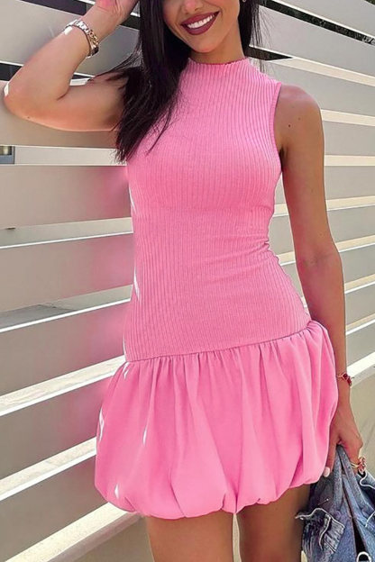 Mock Neck Cowl Back Knit Patchwork Ballon Dress
