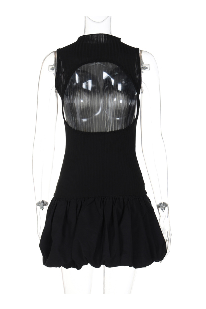Mock Neck Cowl Back Knit Patchwork Ballon Dress
