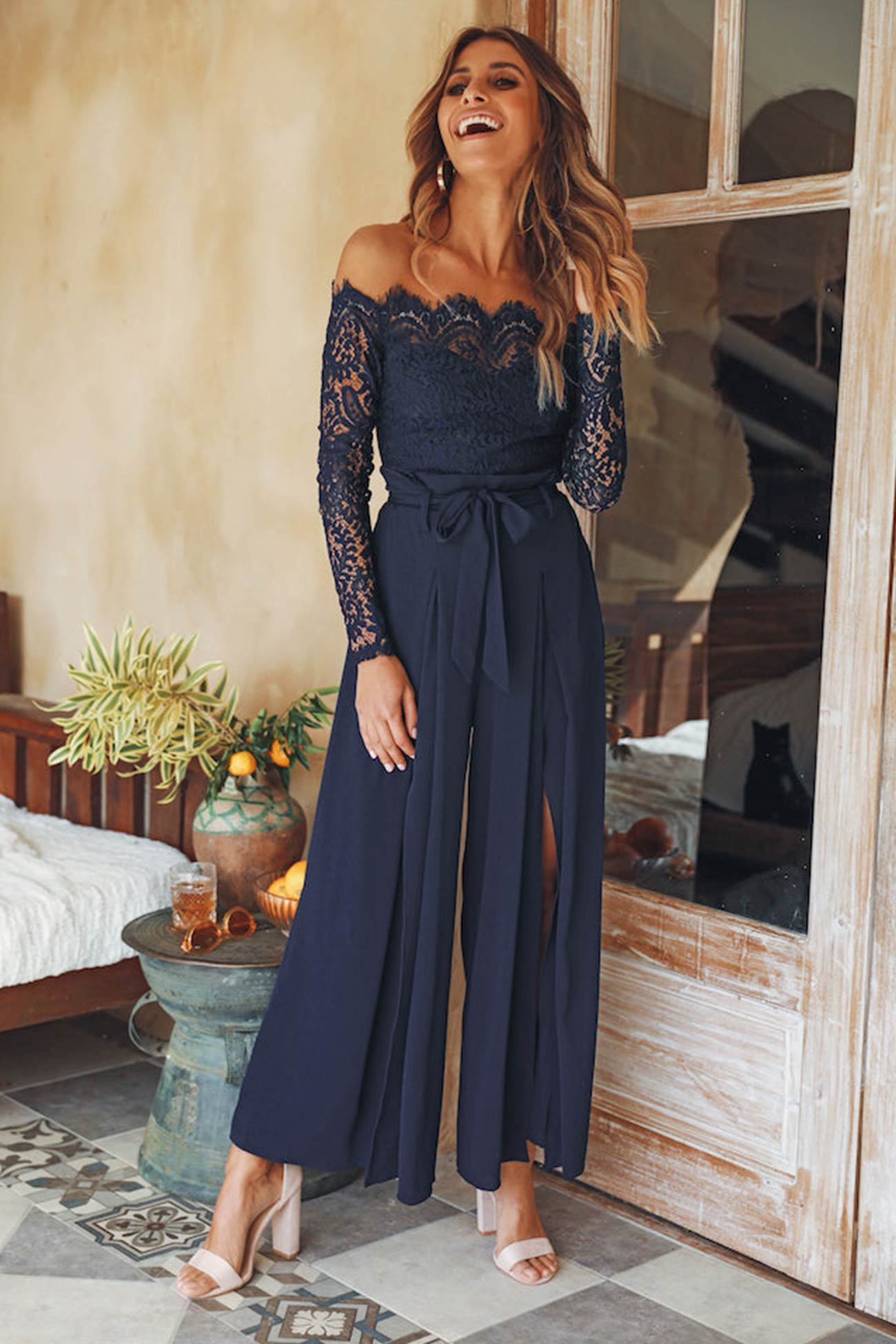 AROLORA Off Shoulder Lace Patchwork Split Jumpsuits Navy Blue S