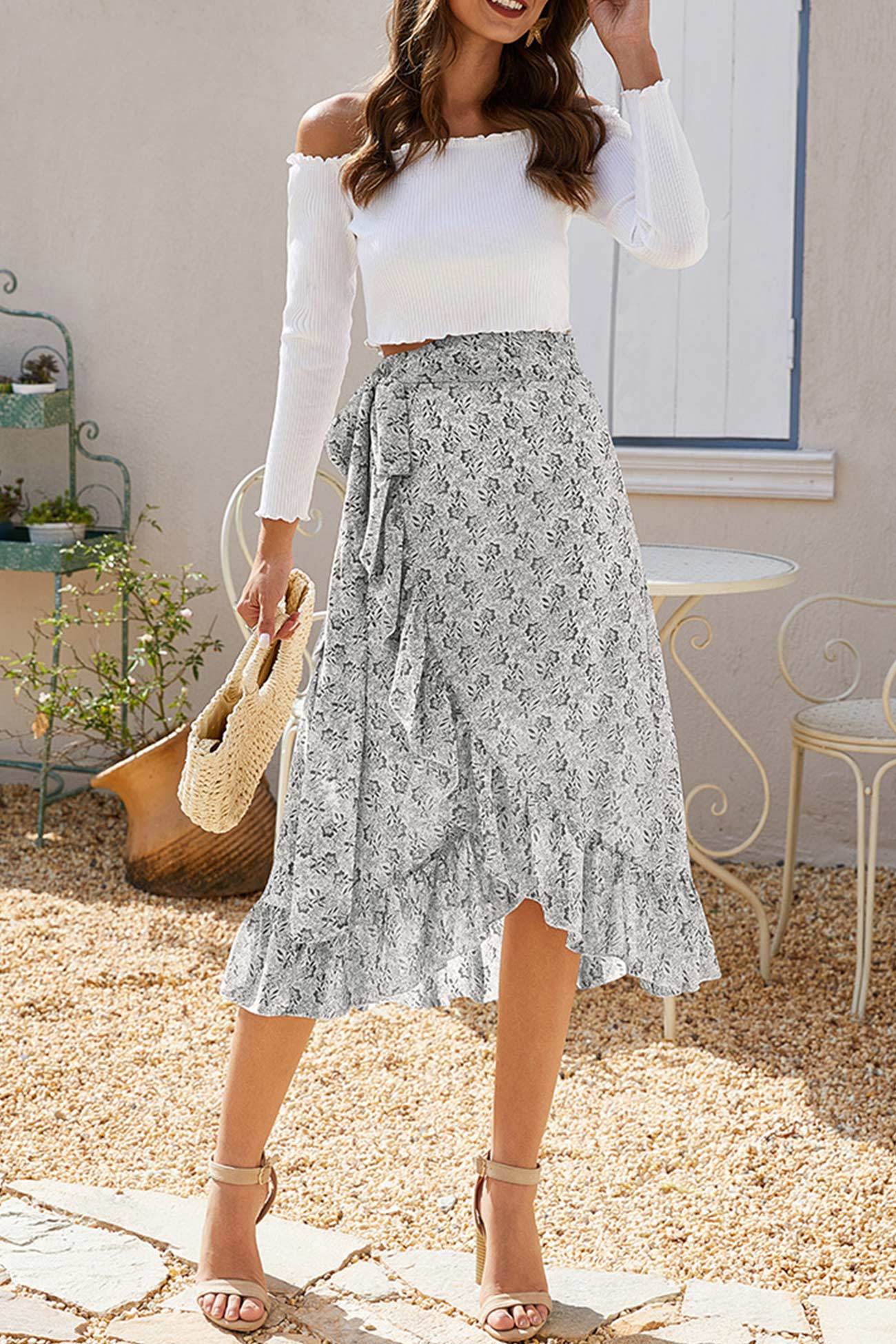 Floral Print Ruffle Slit Midi Skirt
