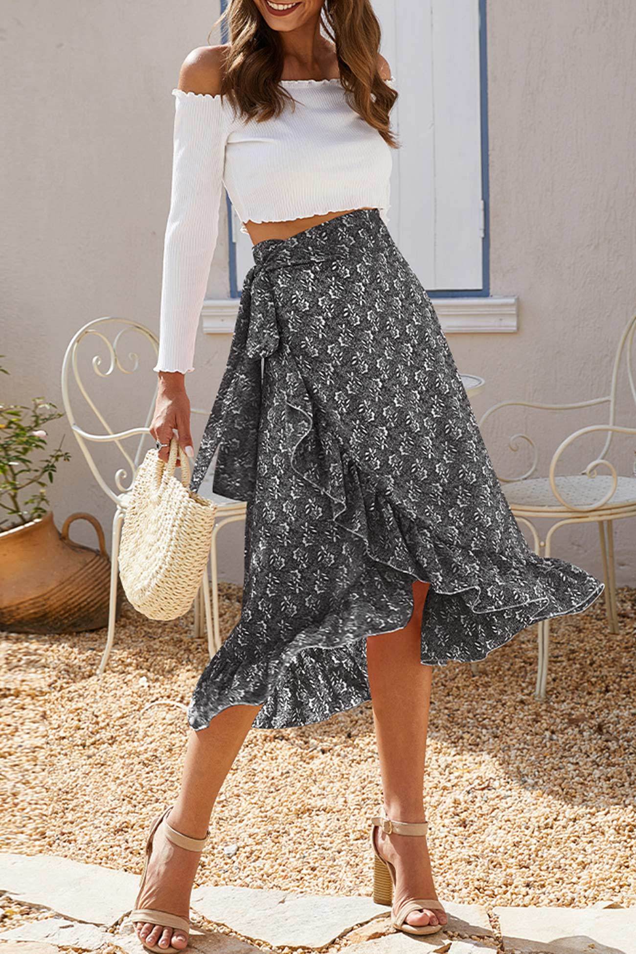 Floral Print Ruffle Slit Midi Skirt