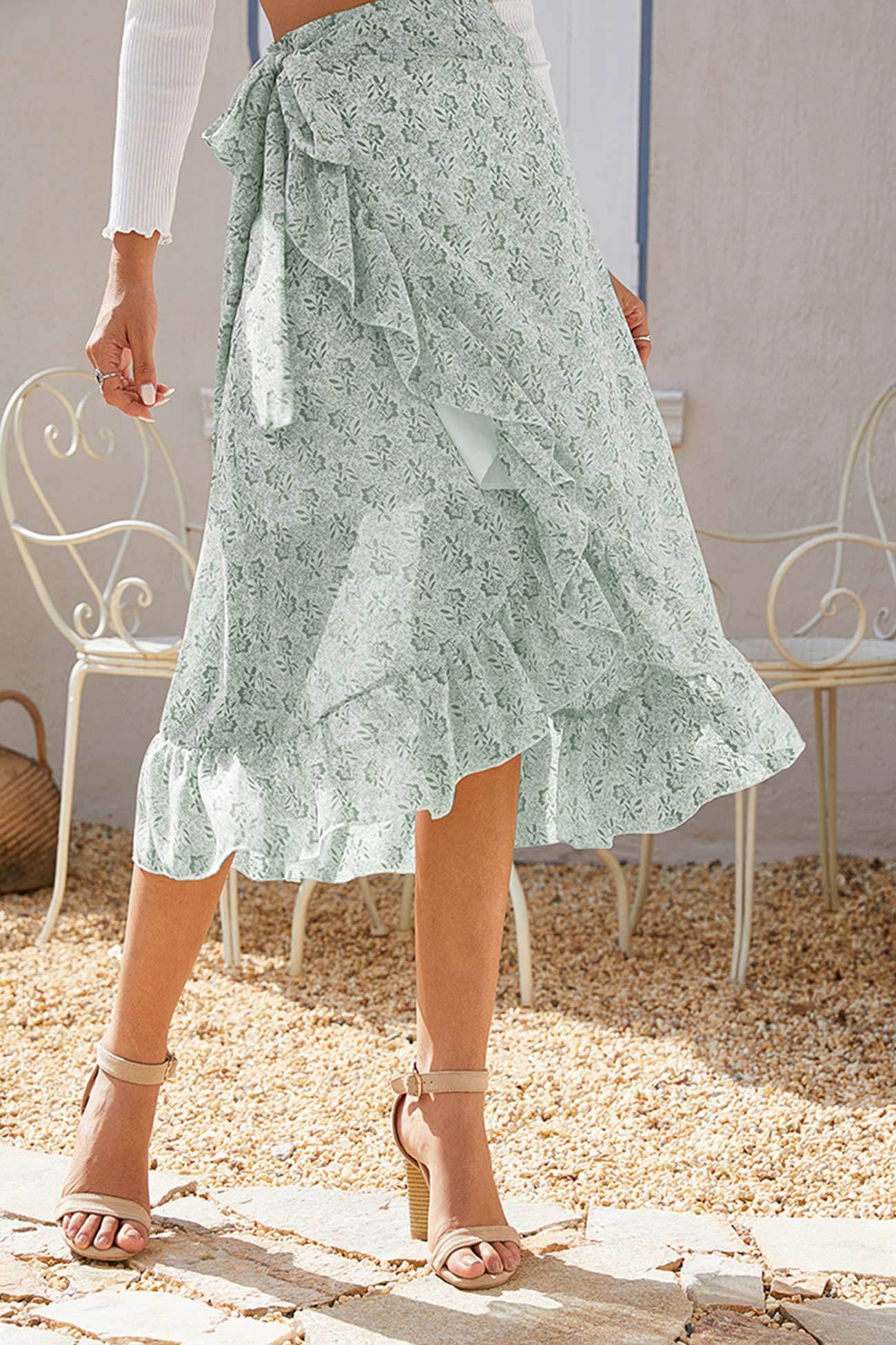 Floral Print Ruffle Slit Midi Skirt