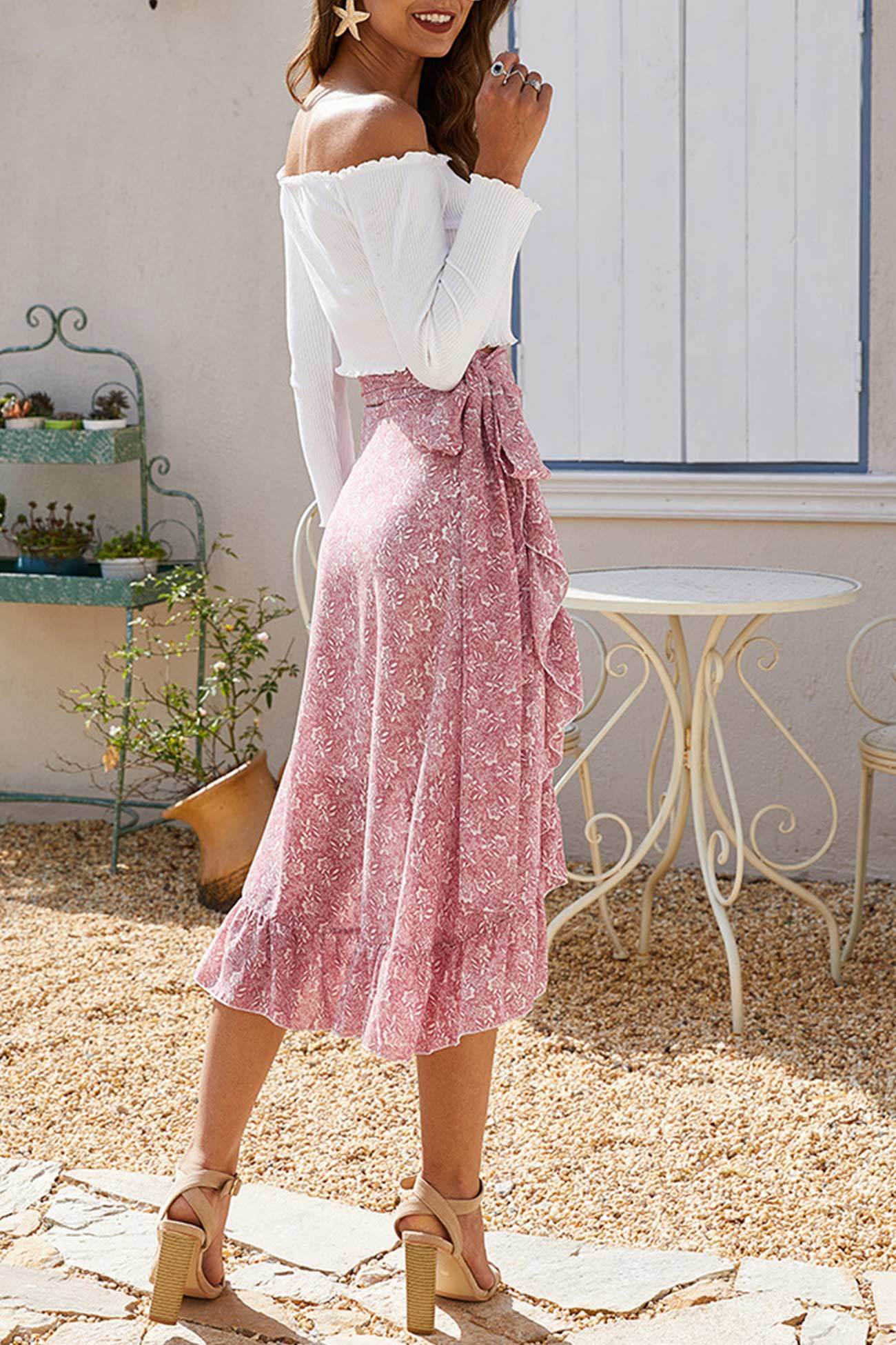 Floral Print Ruffle Slit Midi Skirt