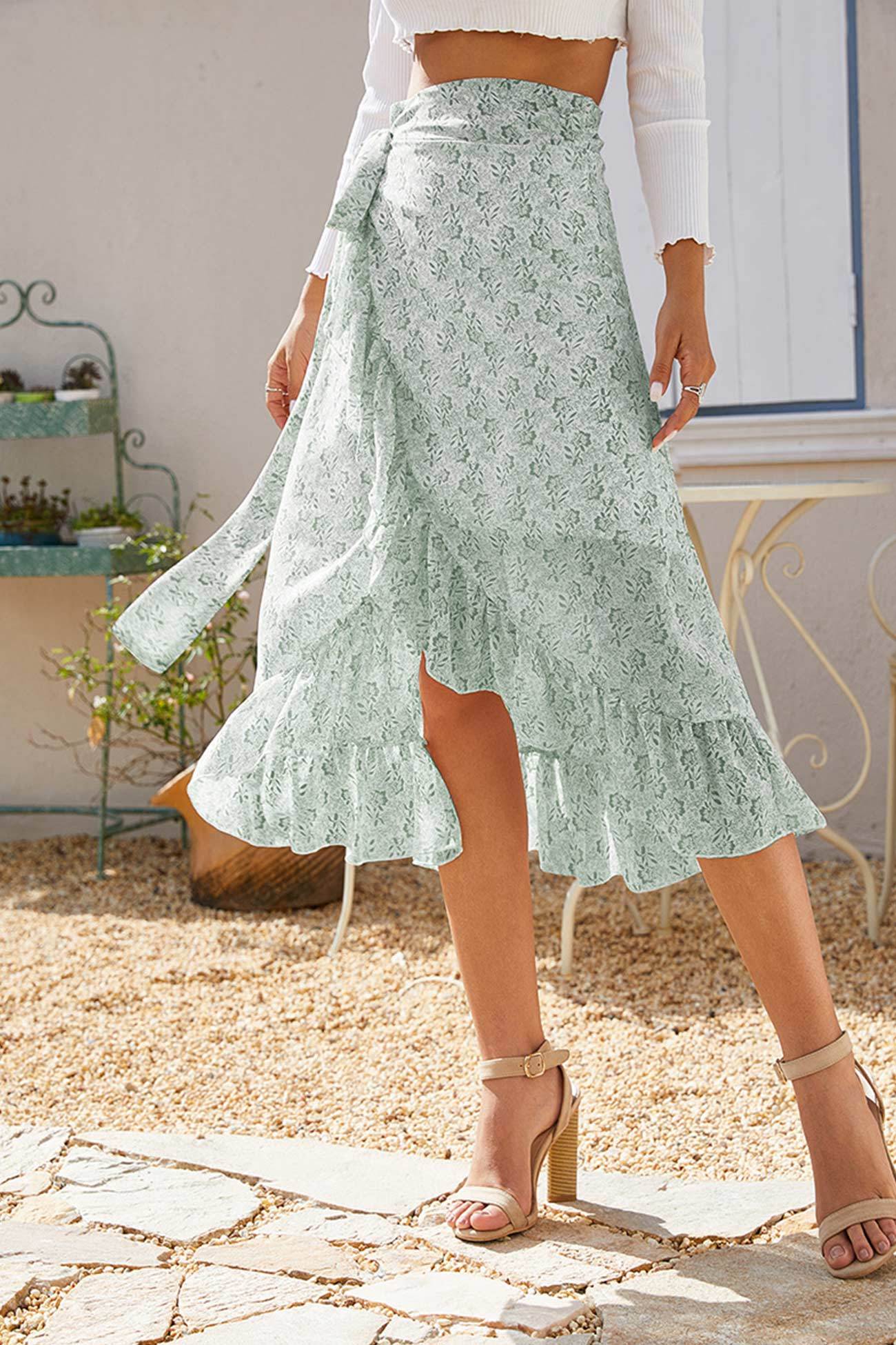 Floral Print Ruffle Slit Midi Skirt