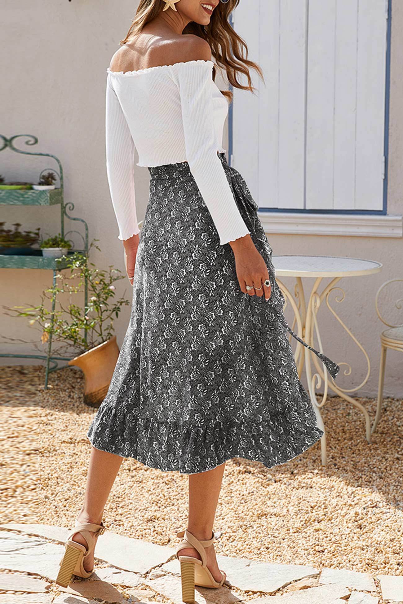 Floral Print Ruffle Slit Midi Skirt