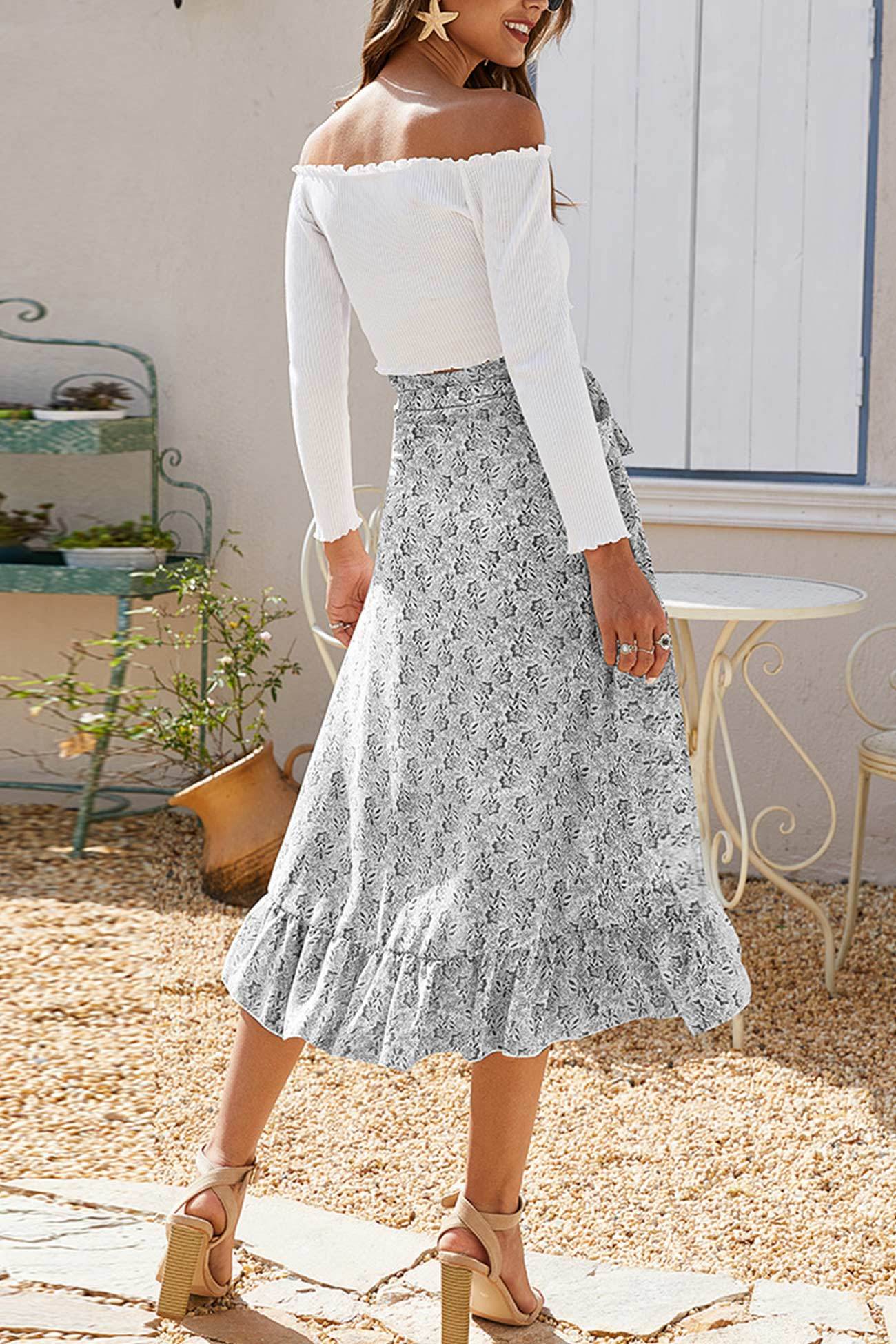Floral Print Ruffle Slit Midi Skirt
