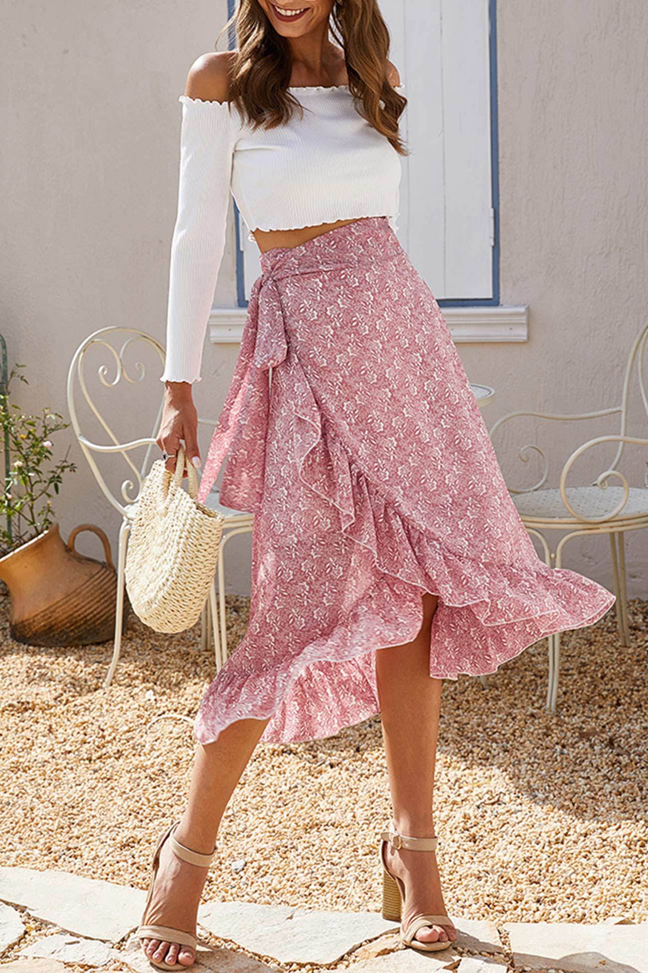 Floral Print Ruffle Slit Midi Skirt
