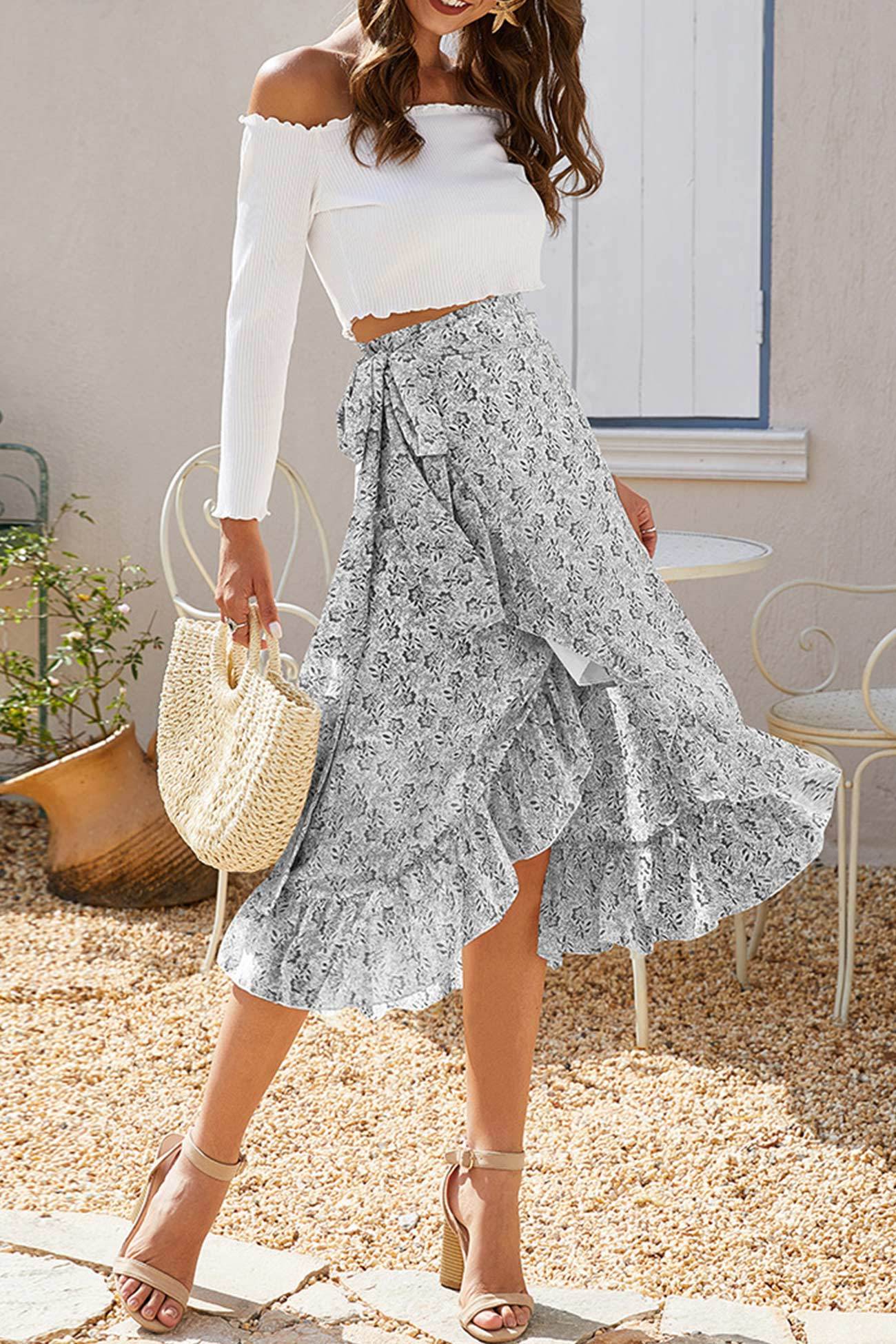 Floral Print Ruffle Slit Midi Skirt
