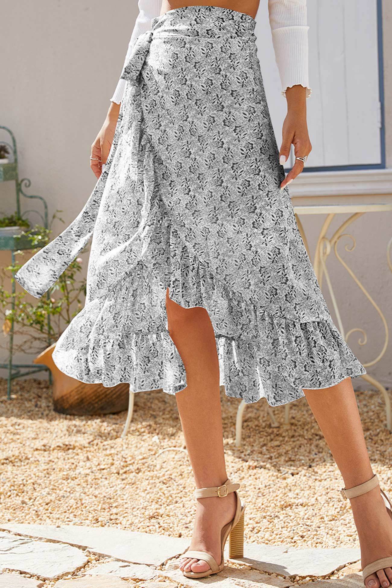 Floral Print Ruffle Slit Midi Skirt
