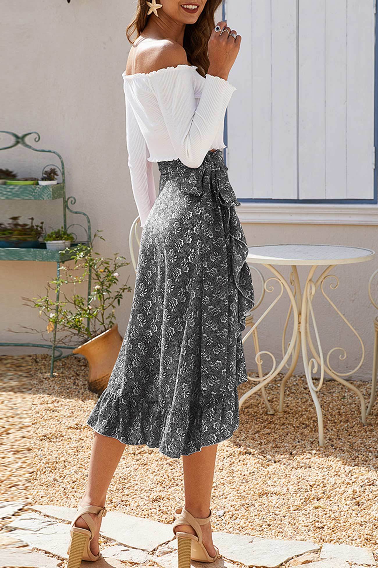 Floral Print Ruffle Slit Midi Skirt
