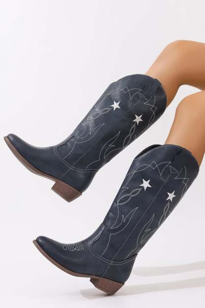 Pentagram Embroidered Chunky Heel Western Boots