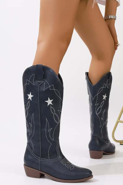 Pentagram Embroidered Chunky Heel Western Boots