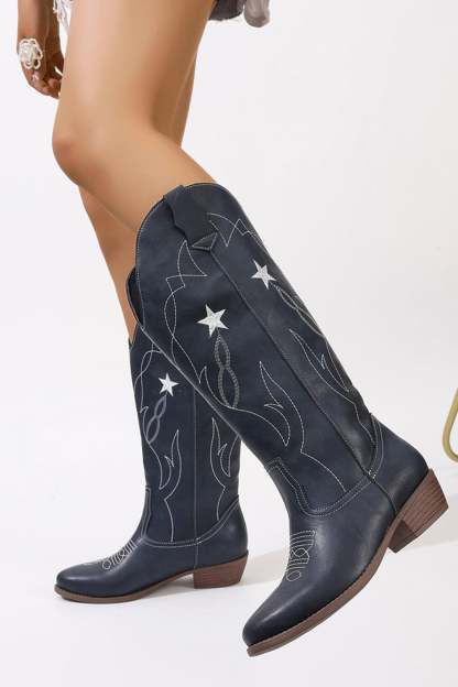 Pentagram Embroidered Chunky Heel Western Boots