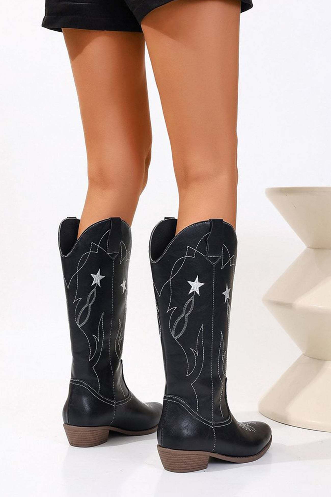 Pentagram Embroidered Chunky Heel Western Boots