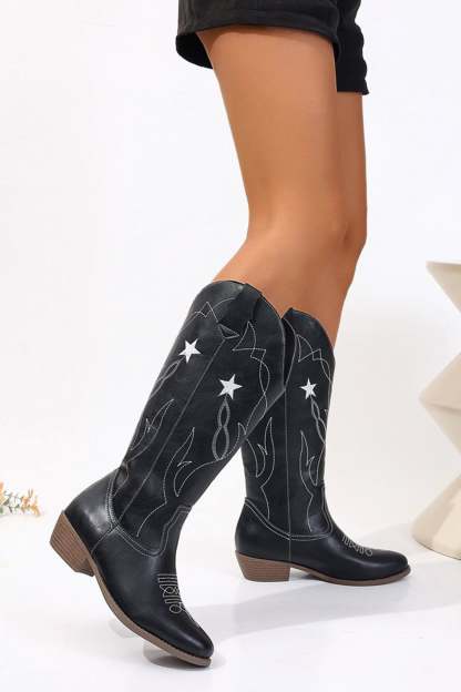 Pentagram Embroidered Chunky Heel Western Boots