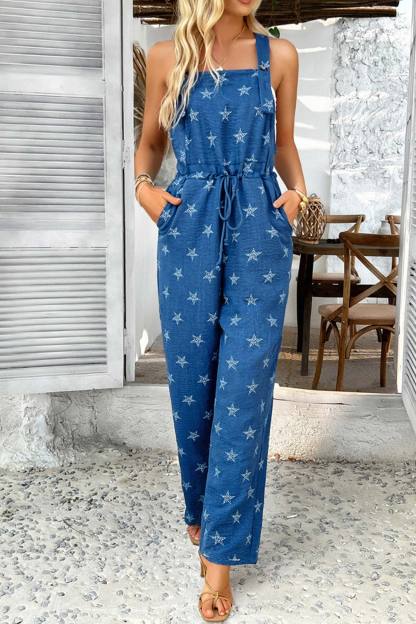 Pentagram Print High Waist Overalls