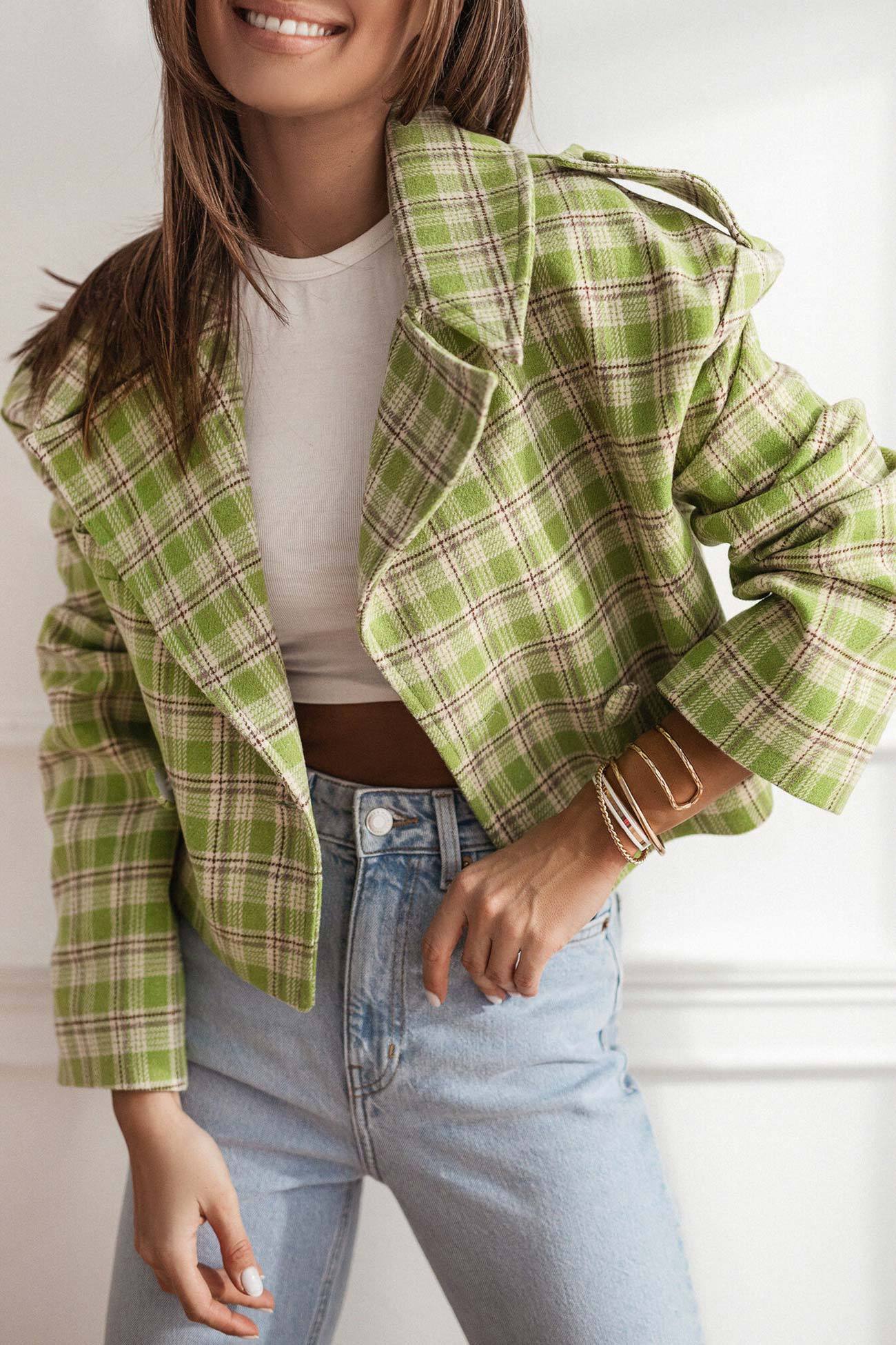 Plaid Button-down Crop Blazer