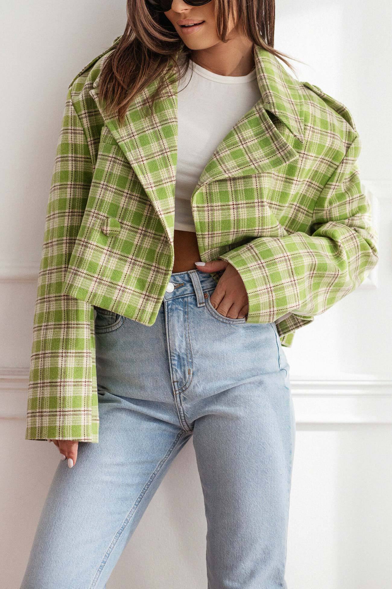 Plaid Button-down Crop Blazer