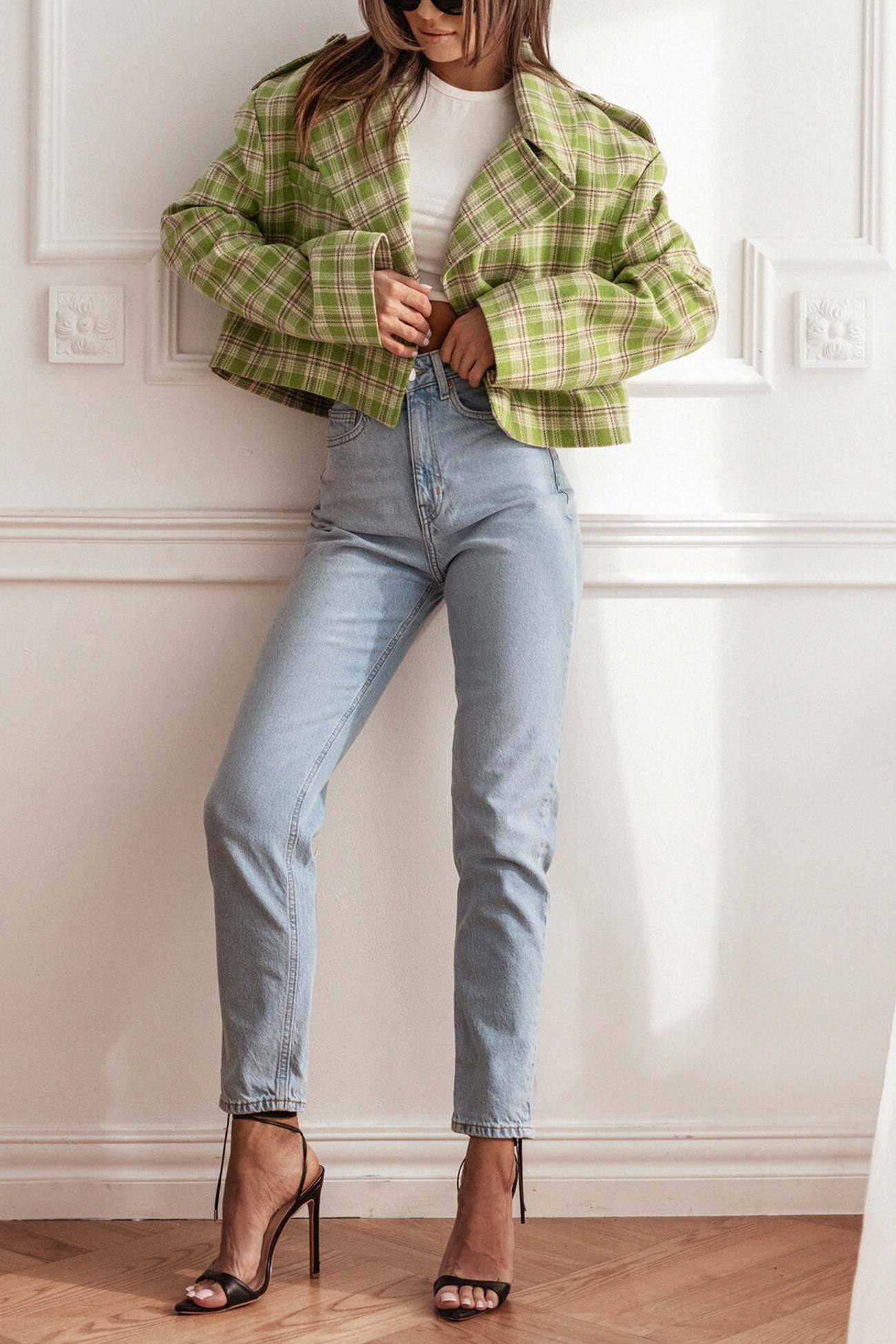 Plaid Button-down Crop Blazer
