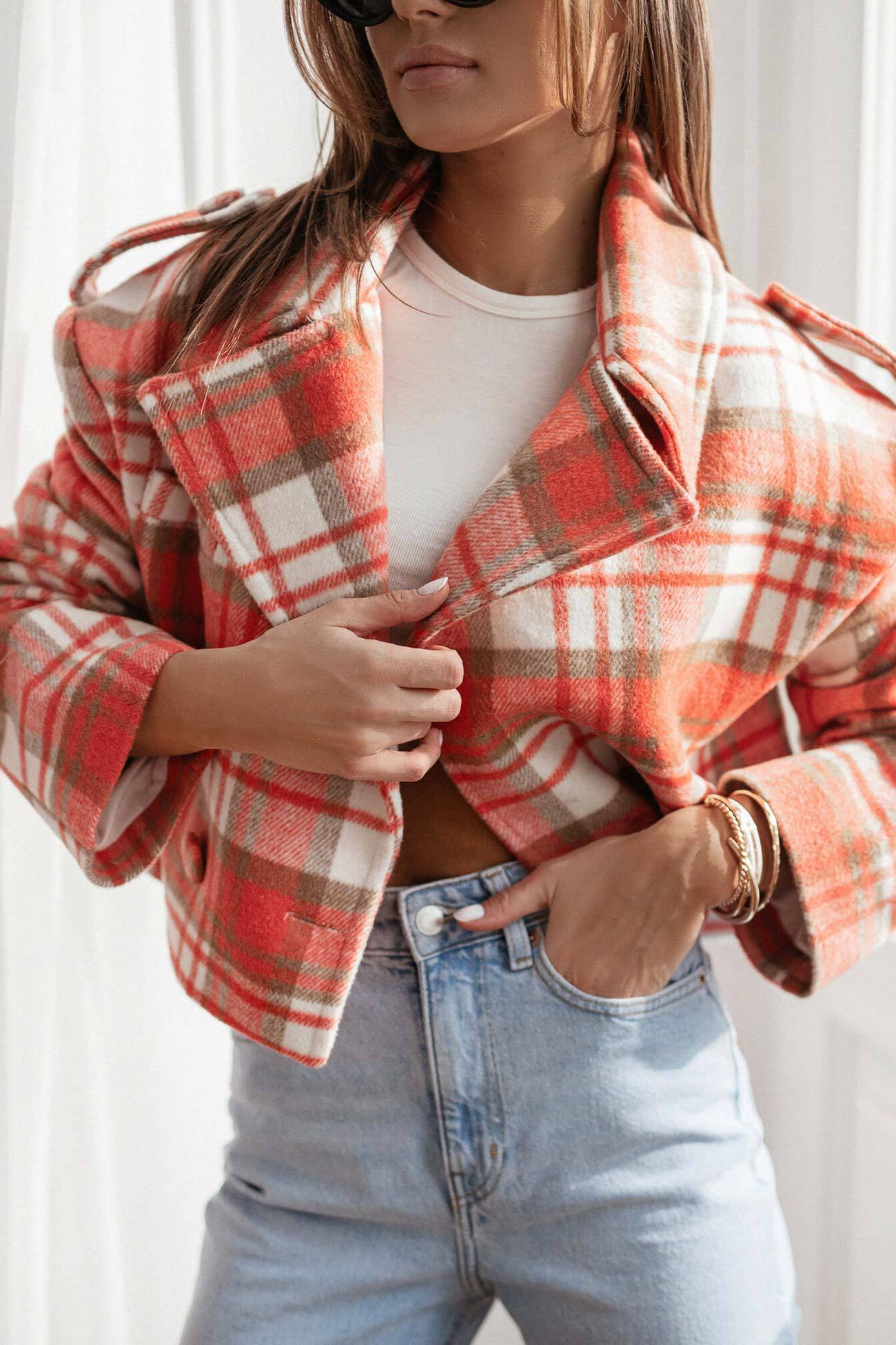 Plaid Button-down Crop Blazer