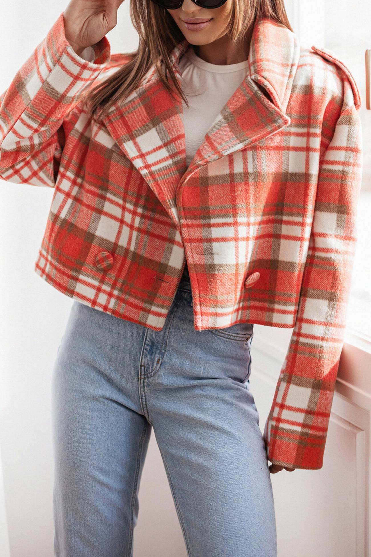 Plaid Button-down Crop Blazer