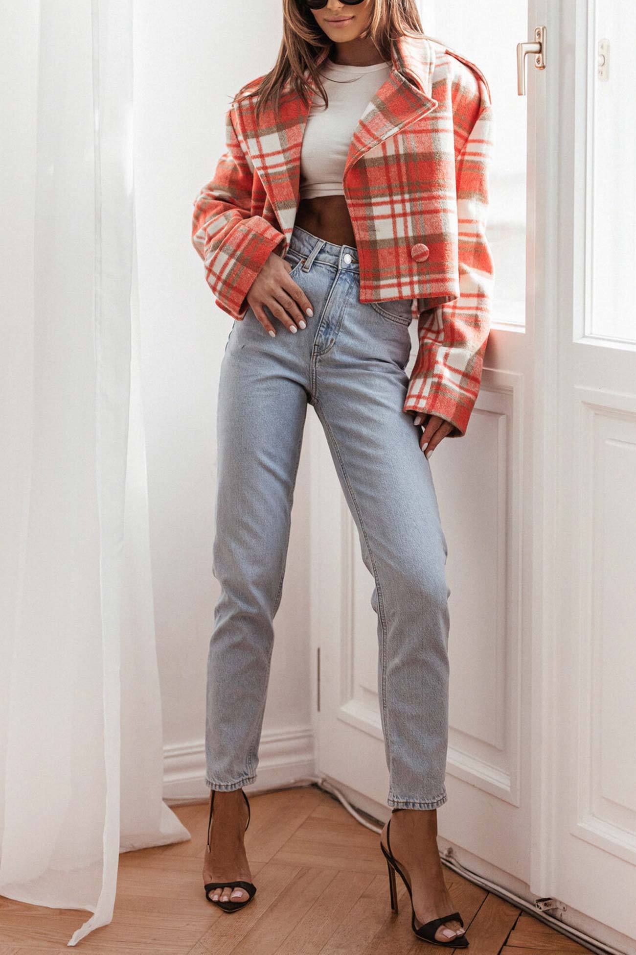 Plaid Button-down Crop Blazer