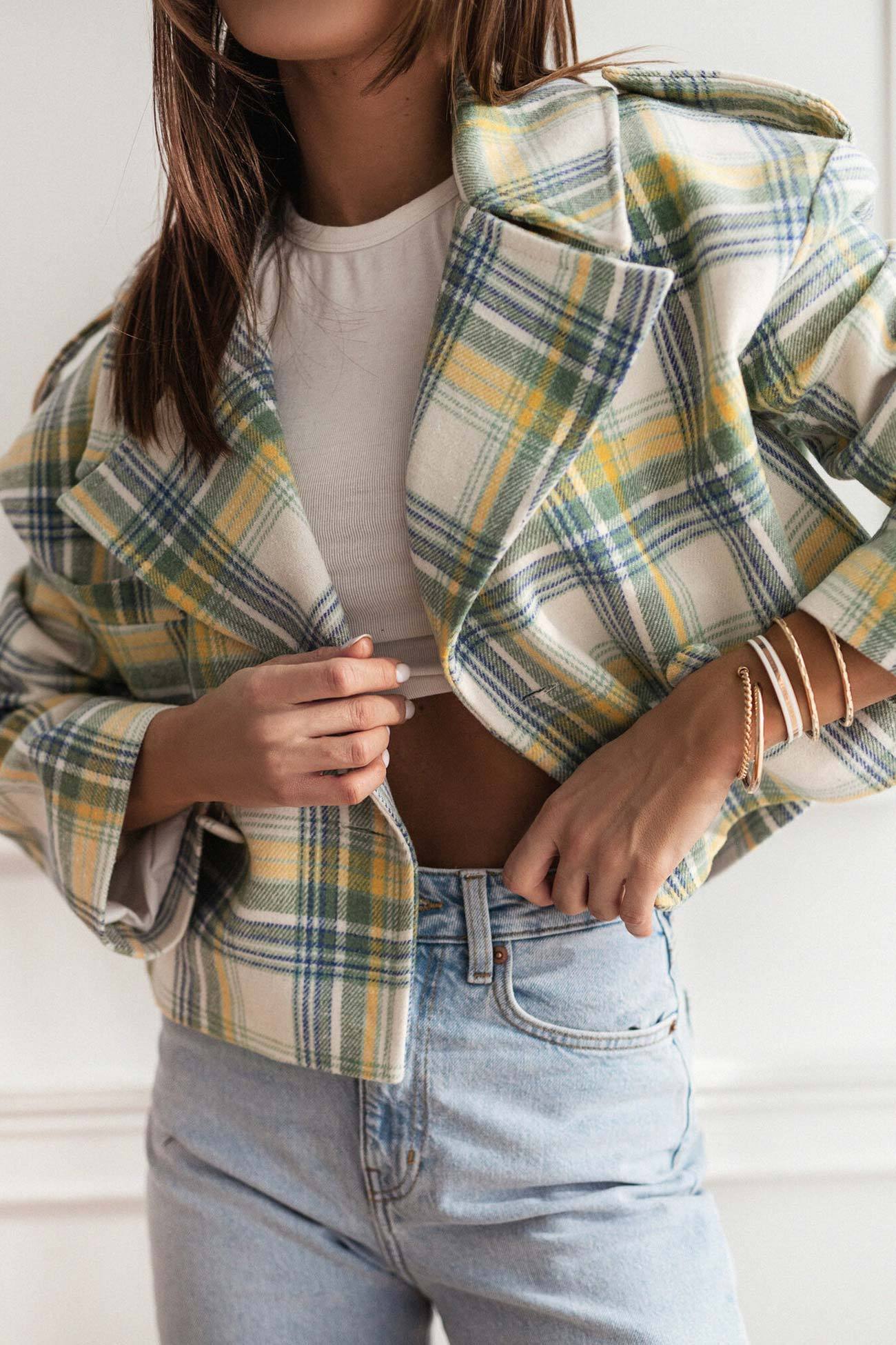Plaid Button-down Crop Blazer
