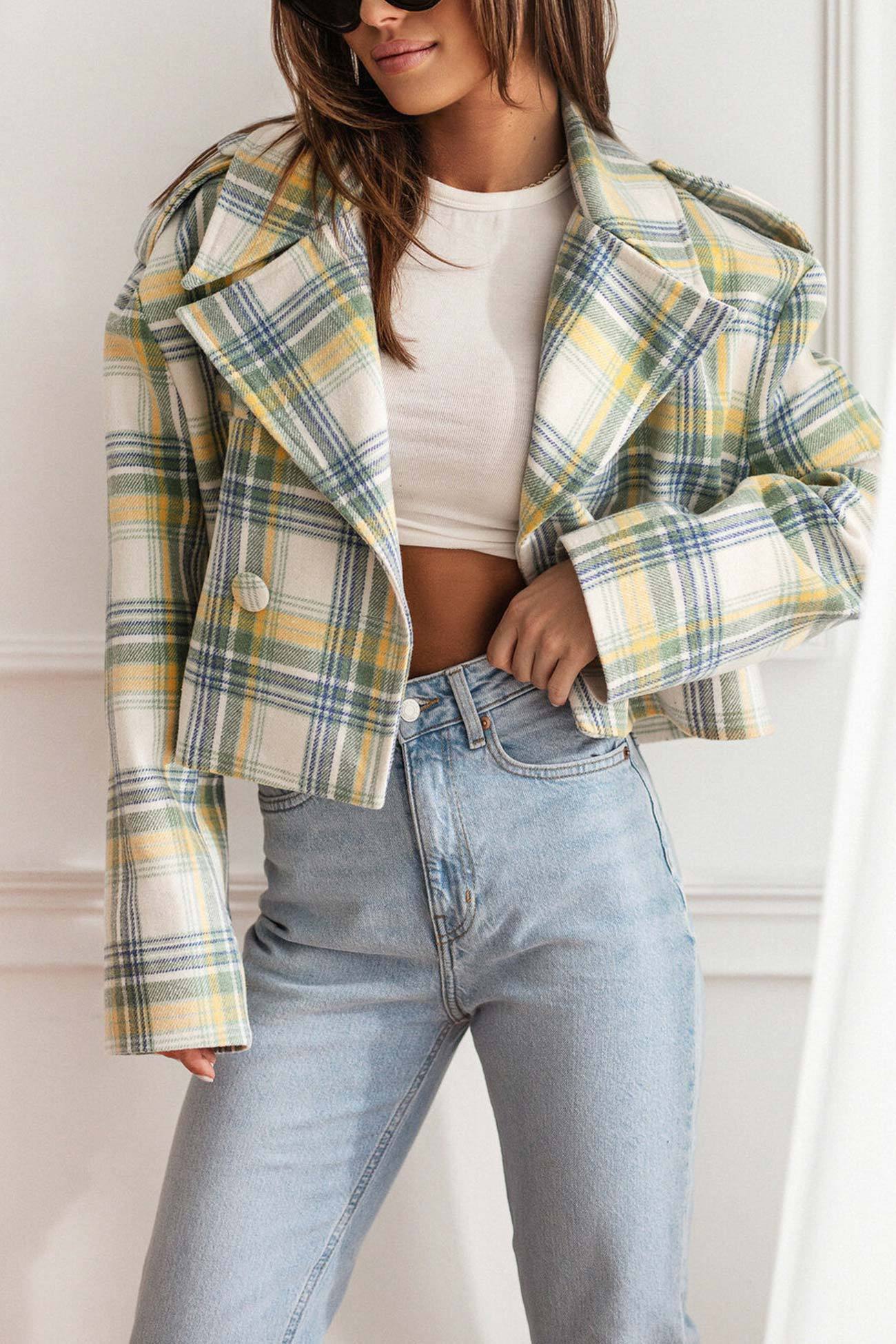 Plaid Button-down Crop Blazer