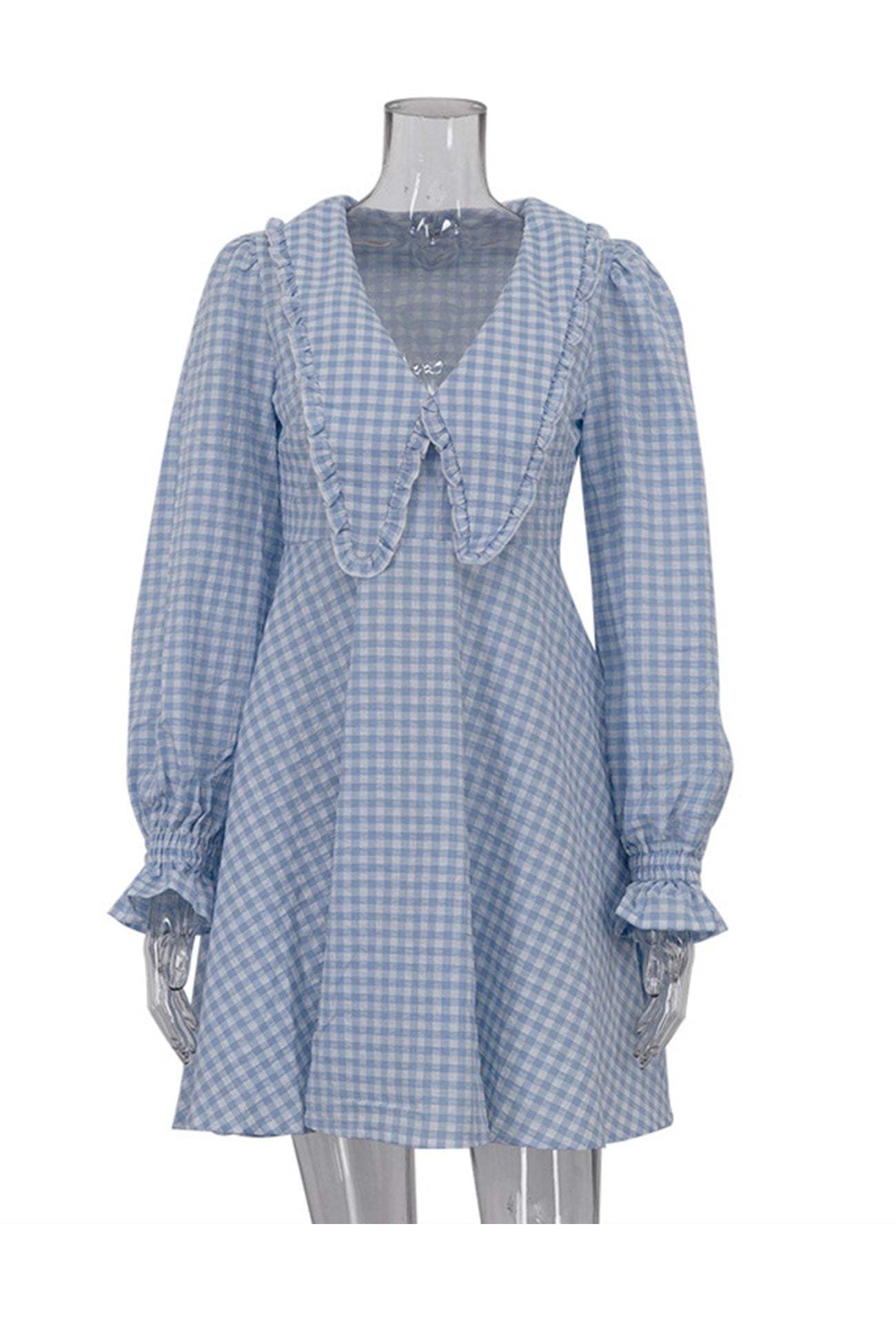 Plaid Lapel Puff Sleeve Baby Doll Dress