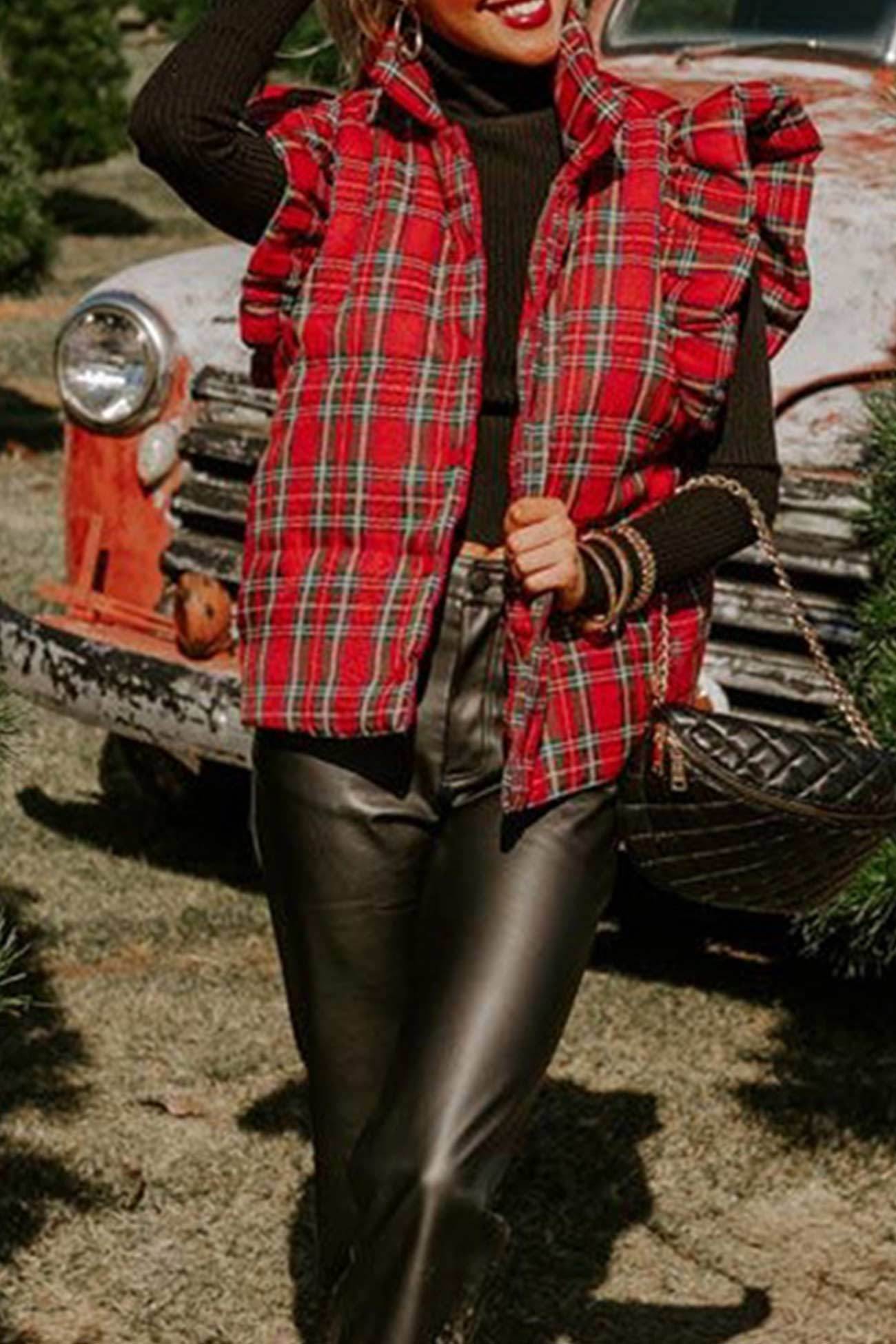 Plaid Stand Neck Ruffle Vest Jacket