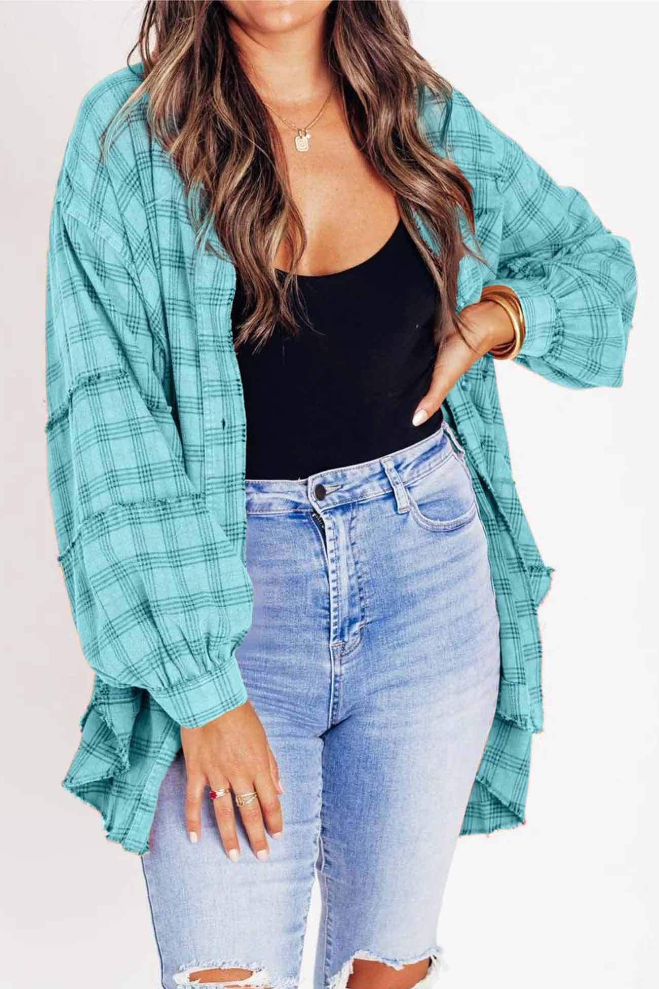Plaid Button Down Fringed Slit Hem Blouse