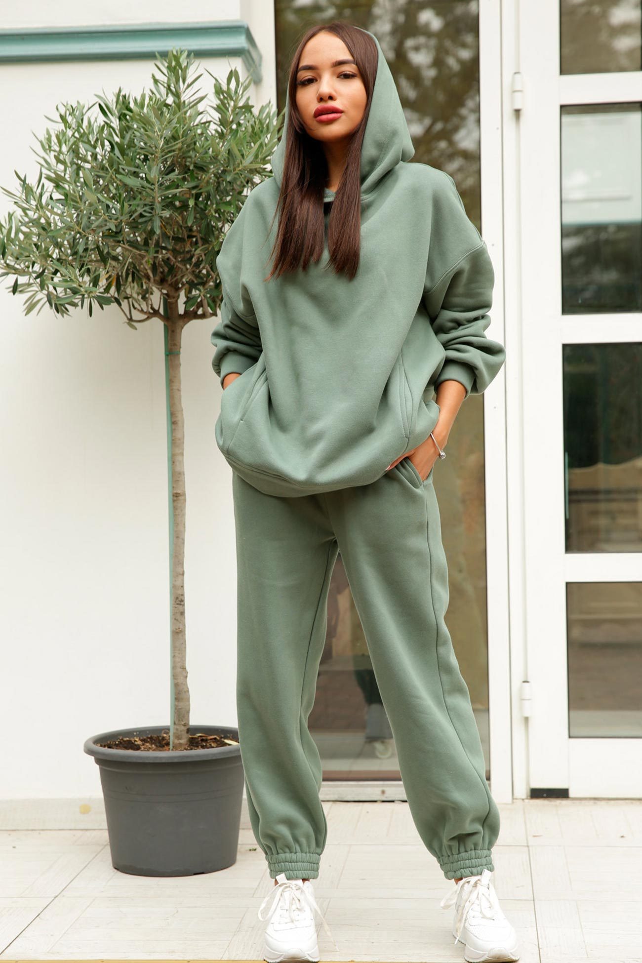 Pocketed Hoodie Elastic Waist Sweatpants Set