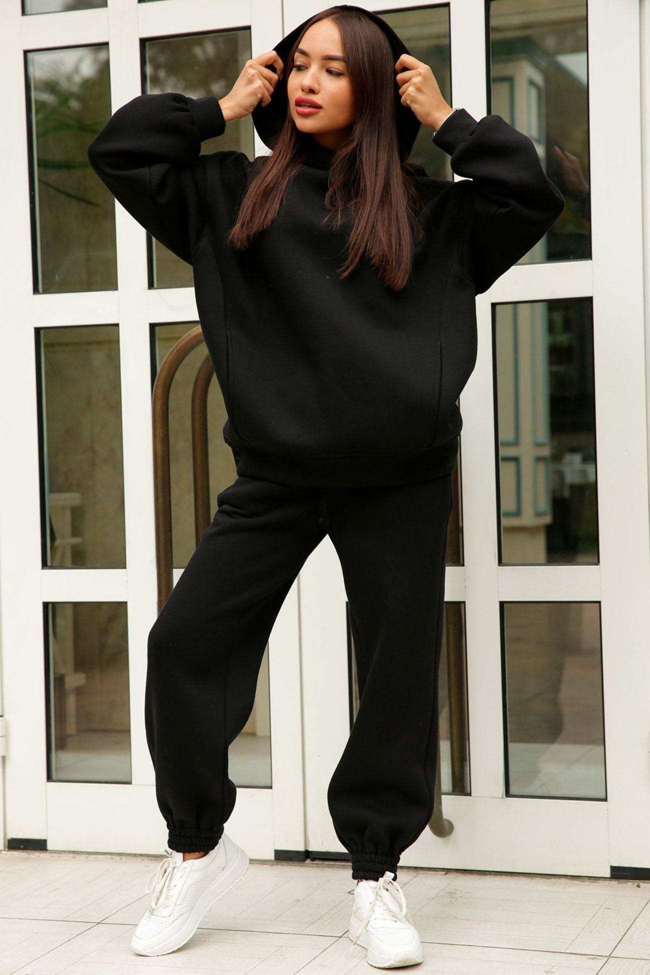 Pocketed Hoodie Elastic Waist Sweatpants Set