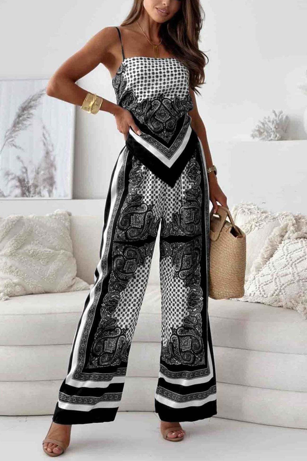 Printed Tie-back Cami Long Pants Set