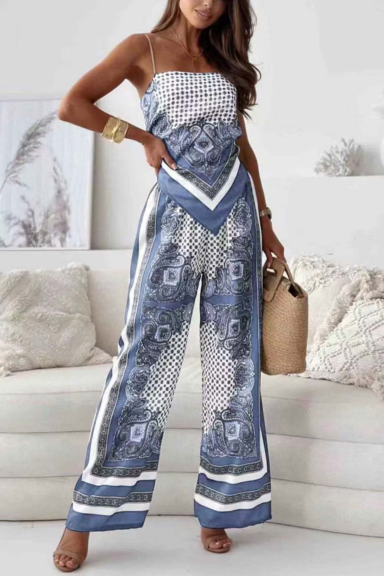 Printed Tie-back Cami Long Pants Set